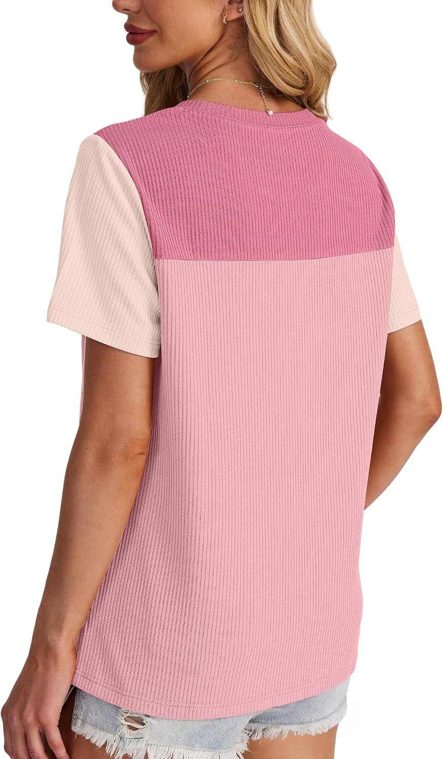Womens Fashion 2026 Color Block Shirts Short Sleeve Knitted Summer Fall Tops Casual Trendy