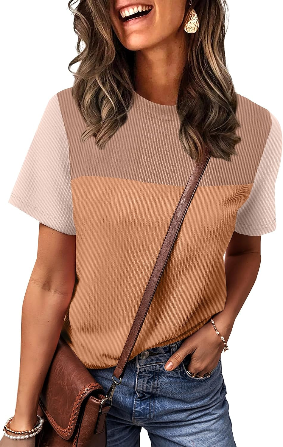 Womens Fashion 2026 Color Block Shirts Short Sleeve Knitted Summer Fall Tops Casual Trendy