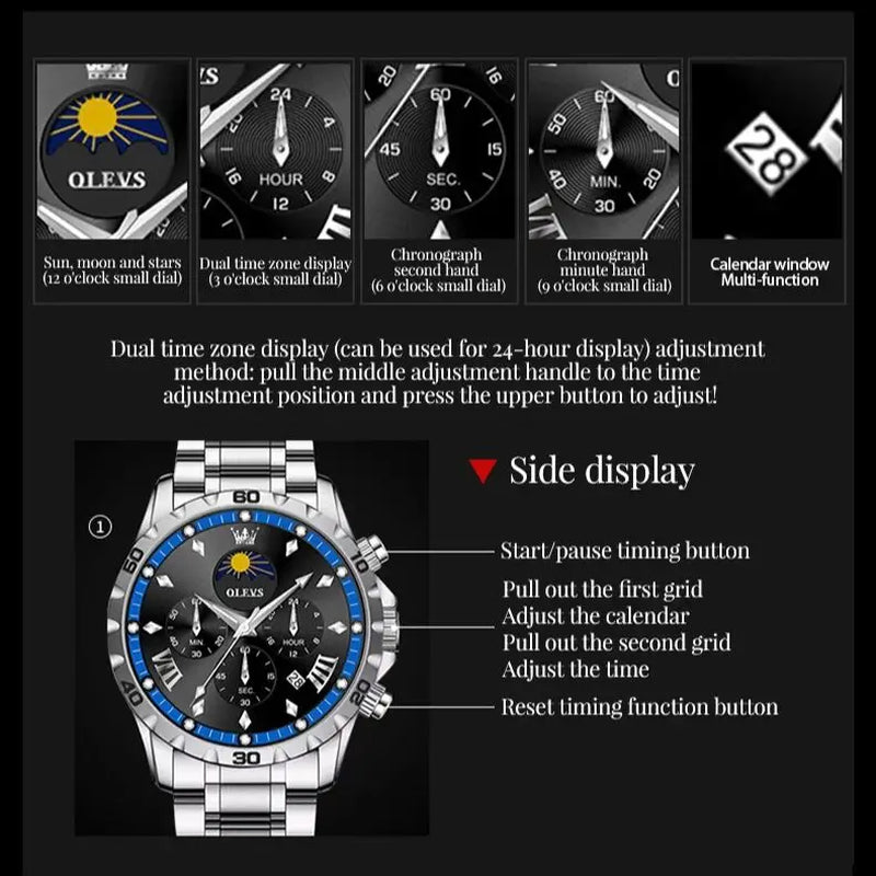 Fashion Brand Men'S Watch Waterproof and Luminous Calendar Lunar Phase Timing Code Watch Luxury Sports Men'S Quartz Watch
