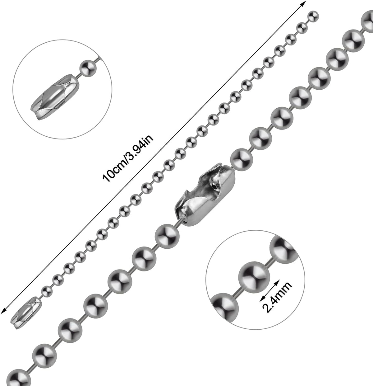 100Pcs Ball Bead Chains 4 Inch, Adjustable Metal Chains 2.4Mm, with Connectors - Keychain, Dog Tag Chains for Jewelry Making, DIY Craft Projects, Silver Color