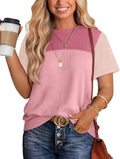 Womens Fashion 2026 Color Block Shirts Short Sleeve Knitted Summer Fall Tops Casual Trendy