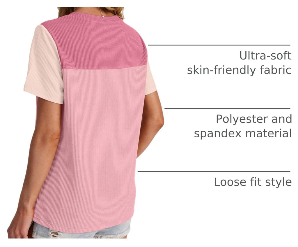Womens Fashion 2026 Color Block Shirts Short Sleeve Knitted Summer Fall Tops Casual Trendy