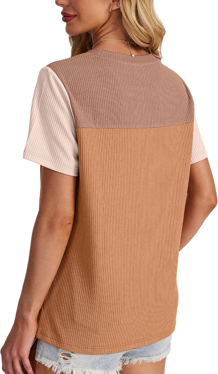 Womens Fashion 2026 Color Block Shirts Short Sleeve Knitted Summer Fall Tops Casual Trendy