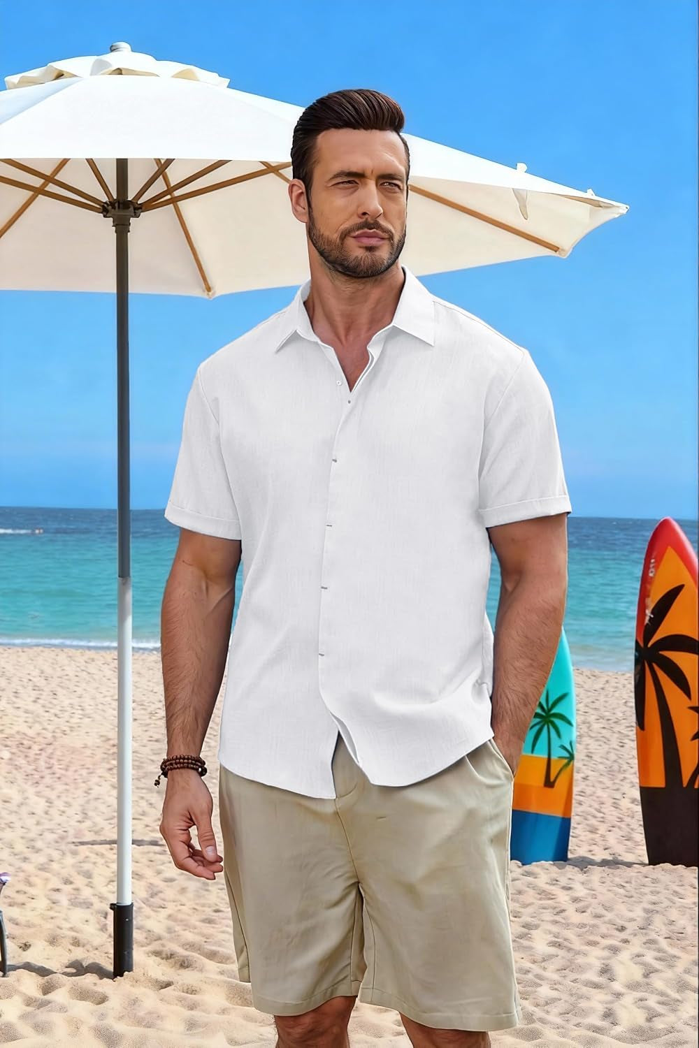 Mens Linen Shirts Short Sleeve Casual Shirt Button down Summer Beach Vacation Tops Men Casual Dress Shirts Breathable