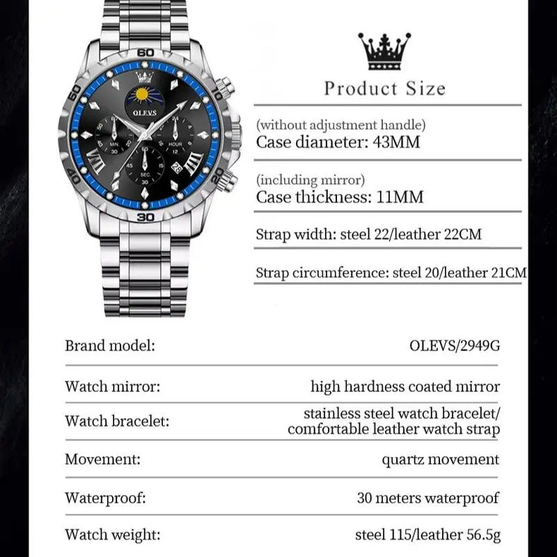 Fashion Brand Men'S Watch Waterproof and Luminous Calendar Lunar Phase Timing Code Watch Luxury Sports Men'S Quartz Watch