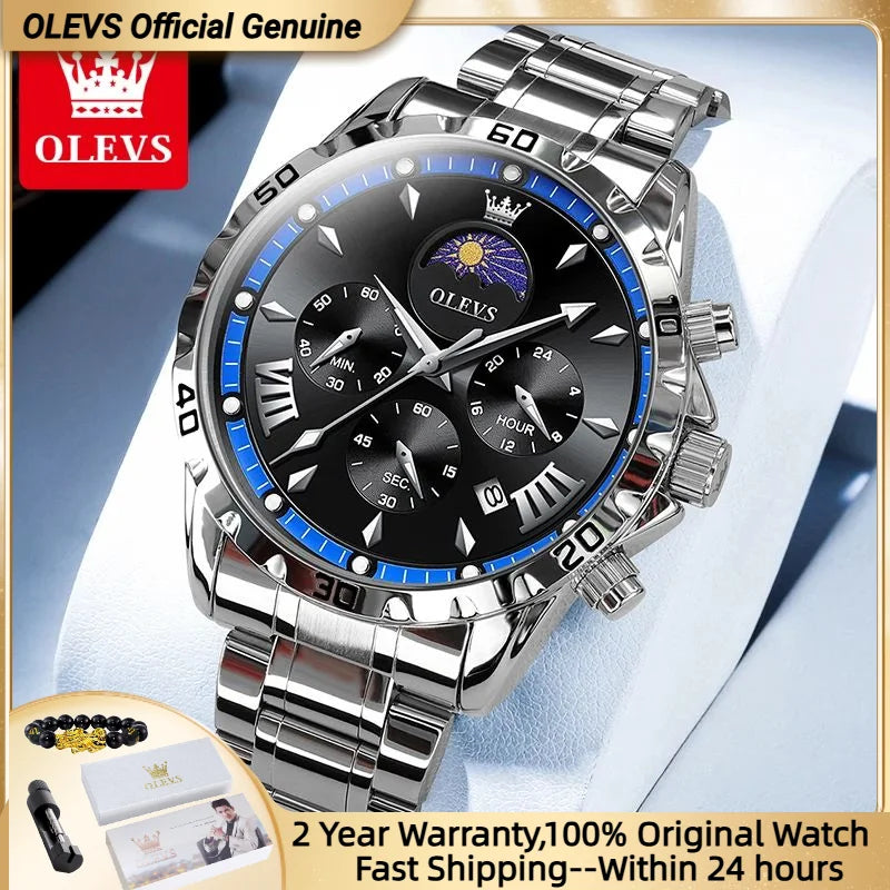 Fashion Brand Men'S Watch Waterproof and Luminous Calendar Lunar Phase Timing Code Watch Luxury Sports Men'S Quartz Watch