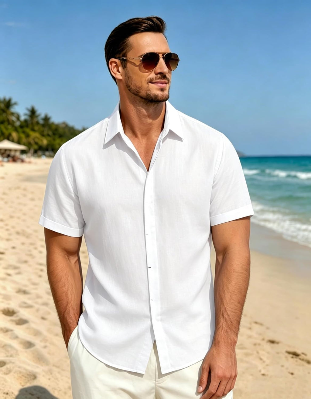 Mens Linen Shirts Short Sleeve Casual Shirt Button down Summer Beach Vacation Tops Men Casual Dress Shirts Breathable