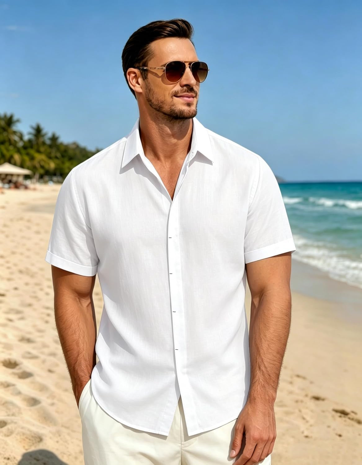 Mens Linen Shirts Short Sleeve Casual Shirt Button down Summer Beach Vacation Tops Men Casual Dress Shirts Breathable