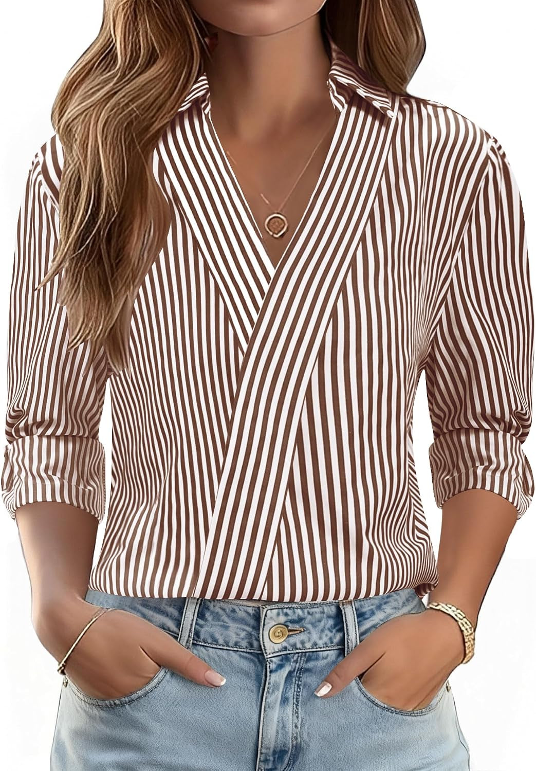 3/4 Length Sleeve Womens Tops Dressy V Neck Collared Dress Shirts