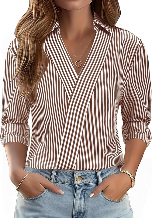 3/4 Length Sleeve Womens Tops Dressy V Neck Collared Dress Shirts