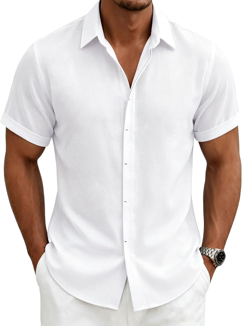 Mens Linen Shirts Short Sleeve Casual Shirt Button down Summer Beach Vacation Tops Men Casual Dress Shirts Breathable