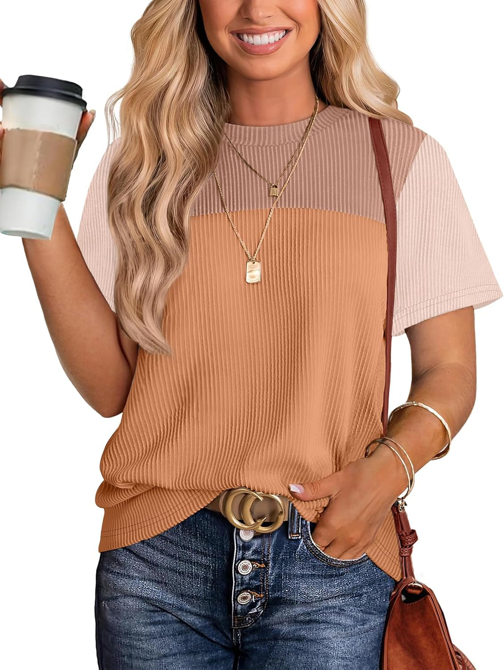 Womens Fashion 2026 Color Block Shirts Short Sleeve Knitted Summer Fall Tops Casual Trendy